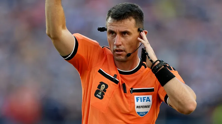 Referee Ilgiz Tantashev gestures during the FIFA World Cup 2026 Group C match.