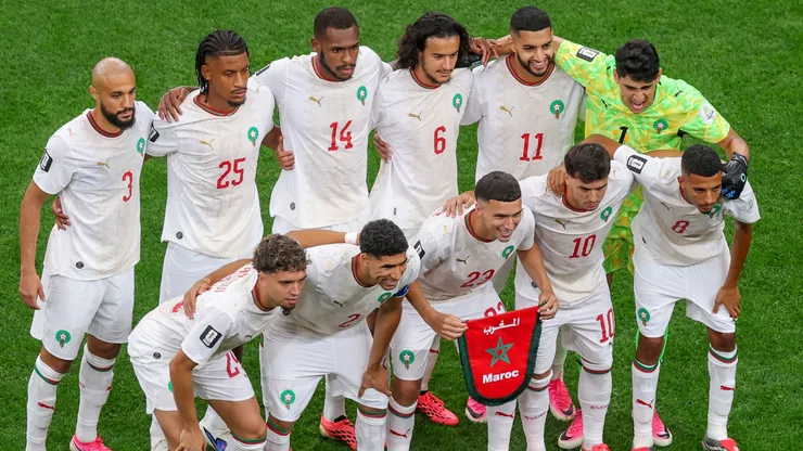 Morocco players pose for a team photograph before the FIFA World Cup 2026 Round of 16 match.