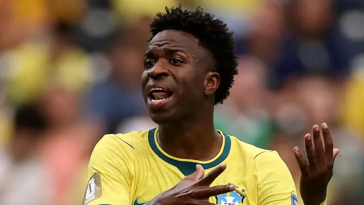 Vinicius Junior #7 of Brazil reacts during the FIFA World Cup 2026 Round Of 32 match.