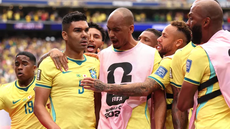Casemiro #5 of Brazil celebrates with teammates.