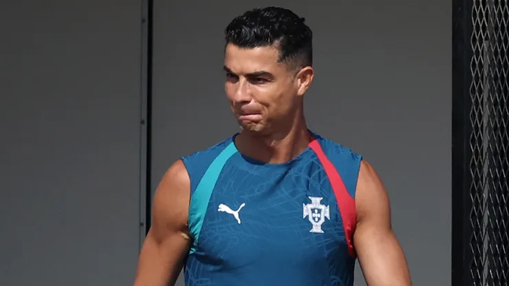 Cristiano Ronaldo #7 of Portugal warms up during the training session.