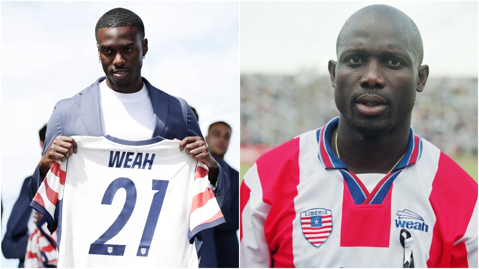 Timothy Weah, player of United States / George Weah of Liberia before the World Cup 2002 Group B match (Source: Adam Hunger/Getty Images — Ben Radford /Allsport)