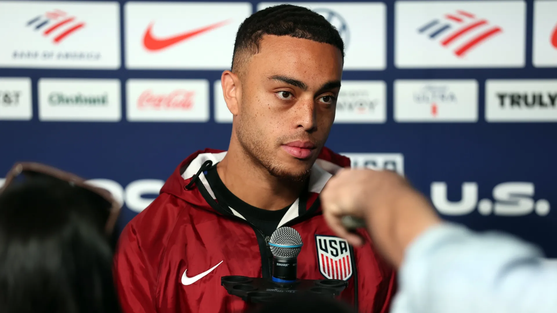 Sergino Dest of the United States talks to the media during a training session (Source: Jamie Squire/Getty Images)