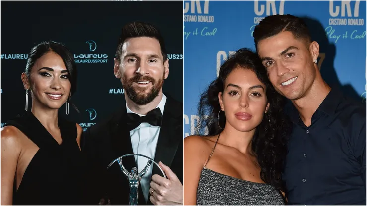 Antonela Roccuzzo and Lionel (left) and Cristiano Ronaldo with Georgina Rodriguez (right).
