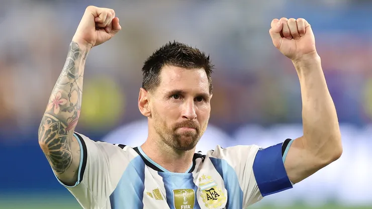 Lionel Messi #10 of Argentina acknowledges fans after a win.