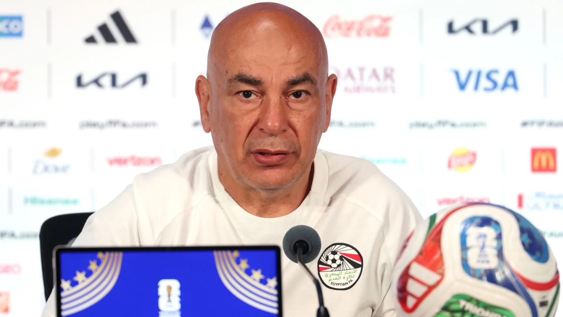 Hossam Hassan during a press conference ahead of the FIFA World Cup 2026 Round of 32 match (Source: Stacy Revere/Getty Images)