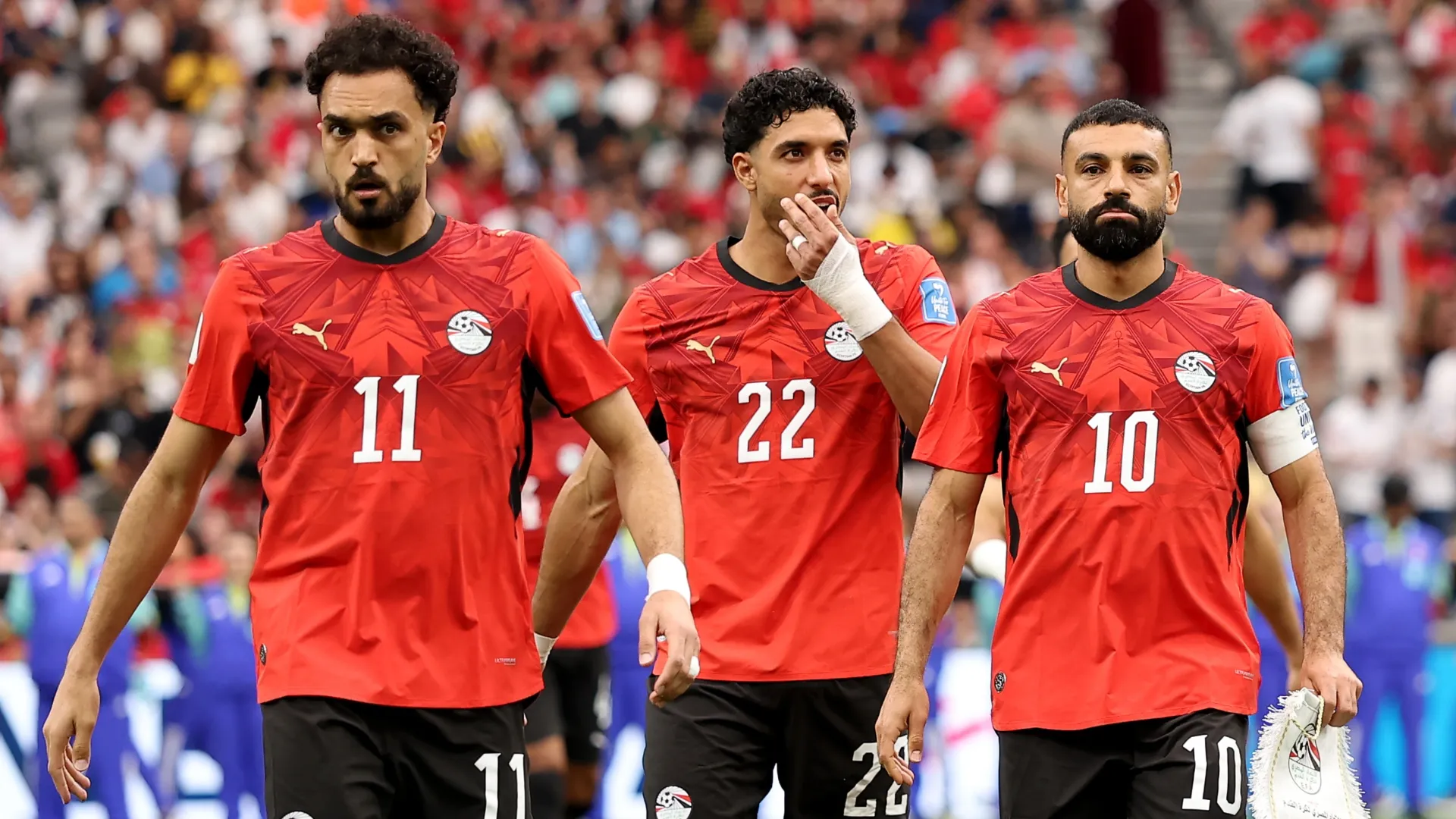 Mostafa Zico #11, Omar Marmoush #22 and Mohamed Salah #10 of Egypt. Fran Santiago/Getty Images