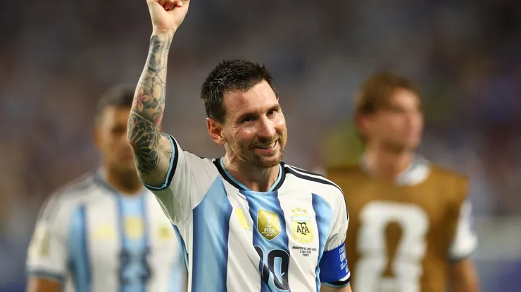 Lionel Messi #10 of Argentina applauds fans after the 3-2 win.