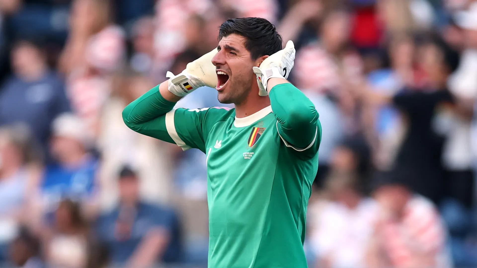 Thibaut Courtois #1 of Belgium celebrates after the team’s fourth goal. Alex Grimm/Getty Images