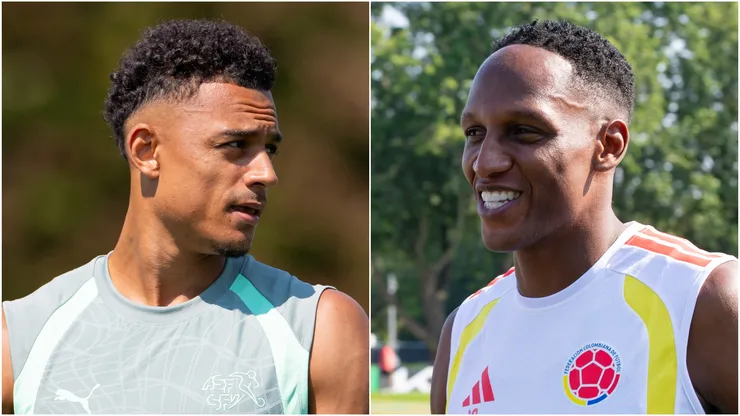 Ndoye Dan of Switzerland and Yerry Mina of Colombia.