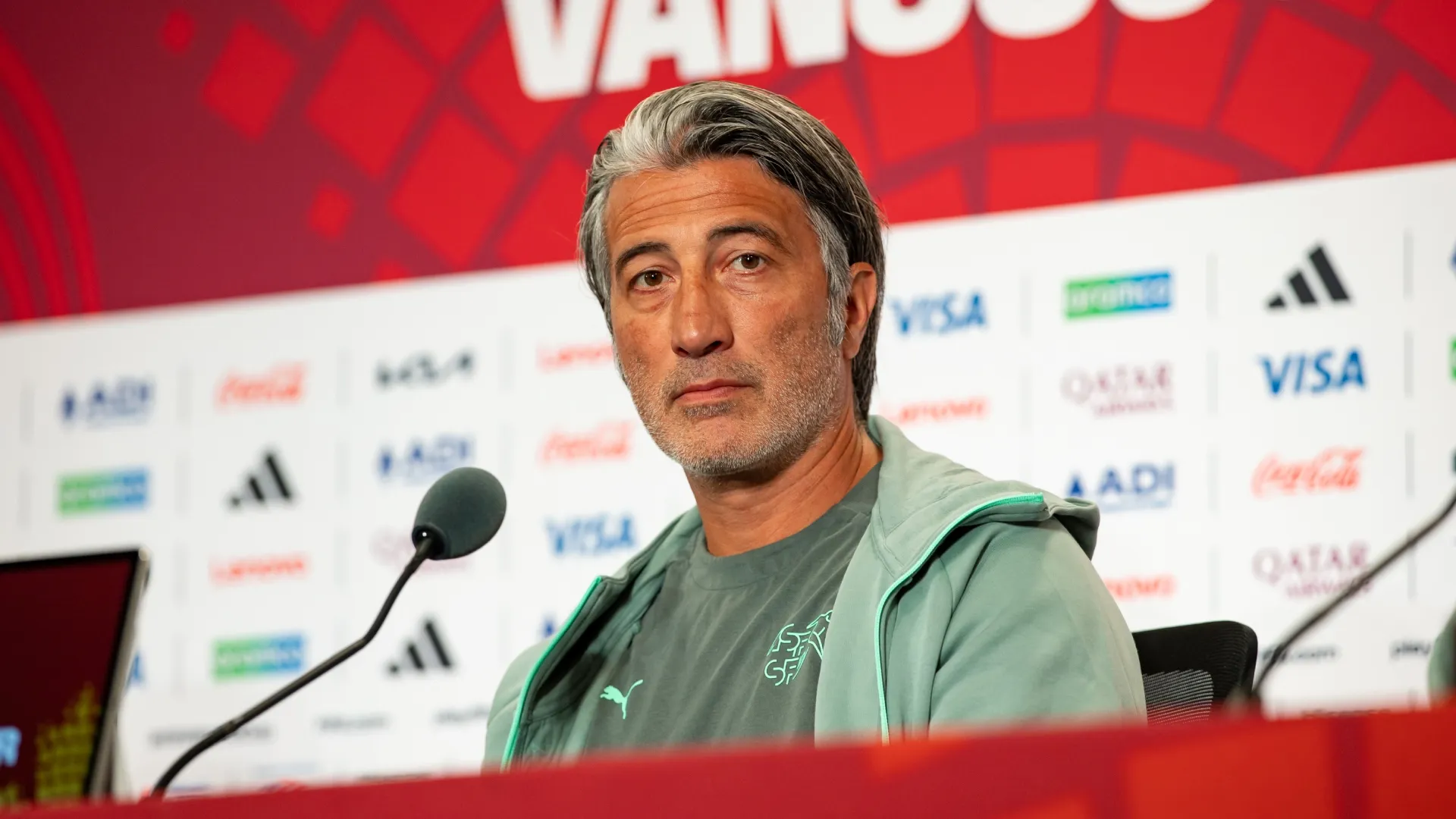 Murat Yakin during the Switzerland press conference one day ahead of the FIFA World Cup 2026 Round Of 16 match (Source: Verity Griffin/Getty Images)