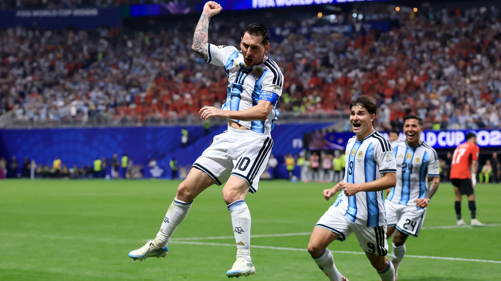 Lionel Messi #10 of Argentina celebrates scoring his team’s second goal. Elsa/Getty Images