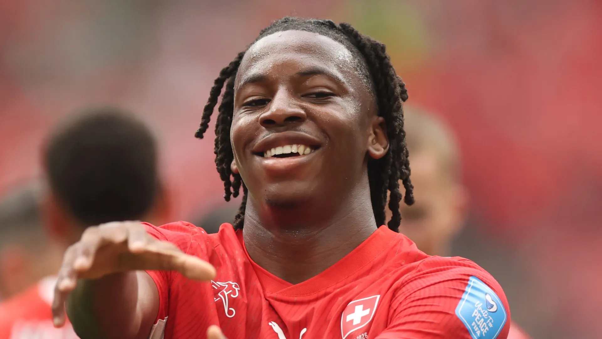 Johan Manzambi celebrates a goal at 2026 World Cup.