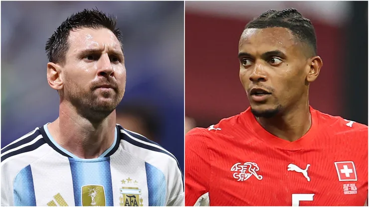 Lionel Messi of Argentina and Manuel Akanji of Switzerland.
