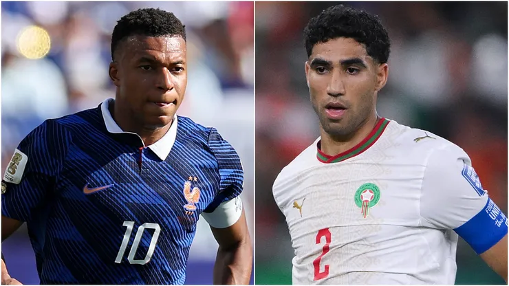 Kylian Mbappe #10 of France (left) and Achraf Hakimi #2 of Morocco.