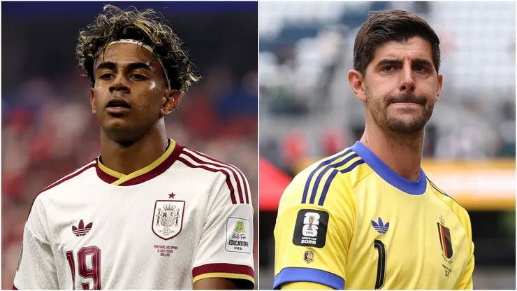 Lamine Yamal #19 of Spain (left) and Thibaut Courtois #1 of Belgium.