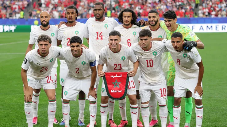 Morocco players pose for a team photograph before the FIFA World Cup 2026 Round of 16 match