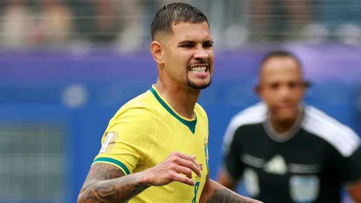 Bruno Guimaraes #8 of Brazil reacts.