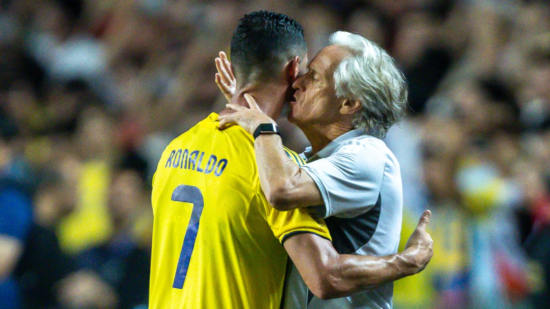 Cristiano Ronaldo of Al-Nassr (L) and team head coach Jorge Jesus.
