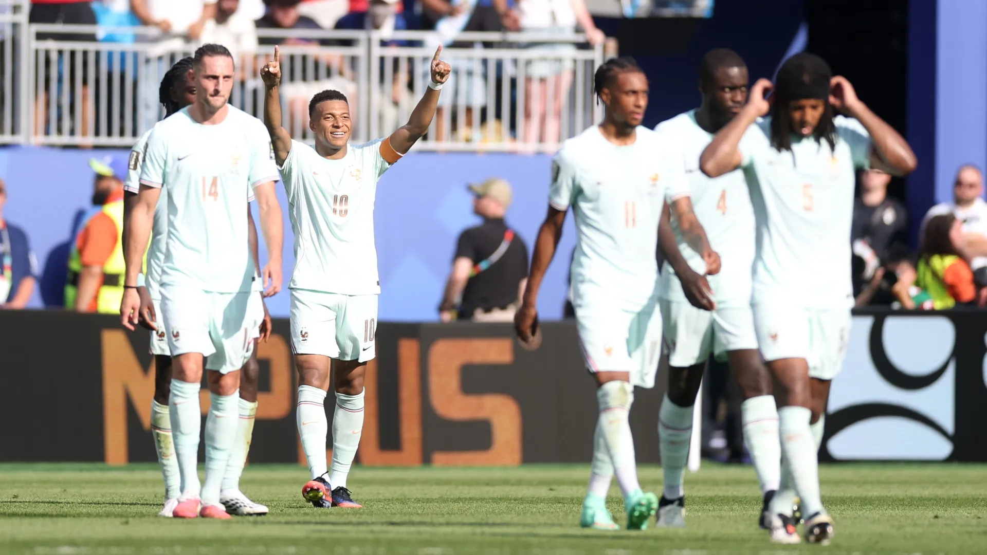 Kylian Mbappe #10 of France celebrates scoring his team’s first goal. Lars Baron/Getty Images