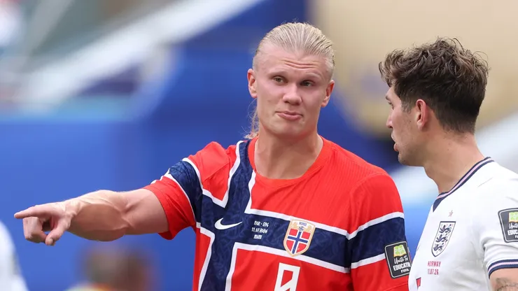 Erling Haaland #9 of Norway and John Stones #5 of England.