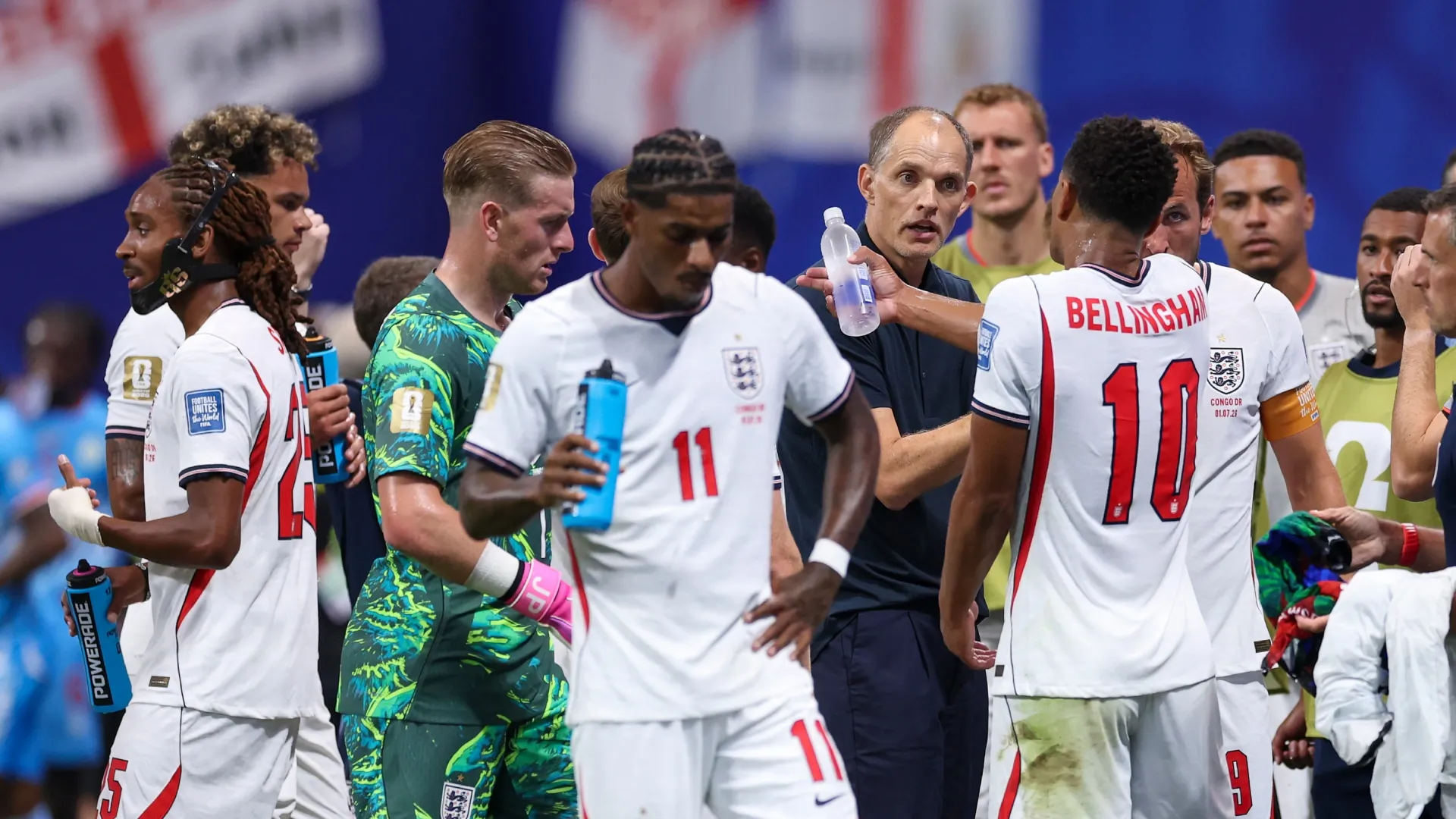 Thomas Tuchel, Manager of England, speaks to players
