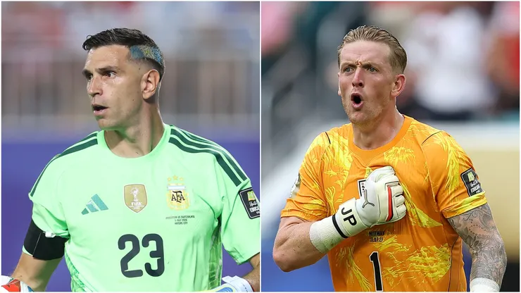Emiliano Martinez (left) of Argentina and Jordan Pickford (right) of England.