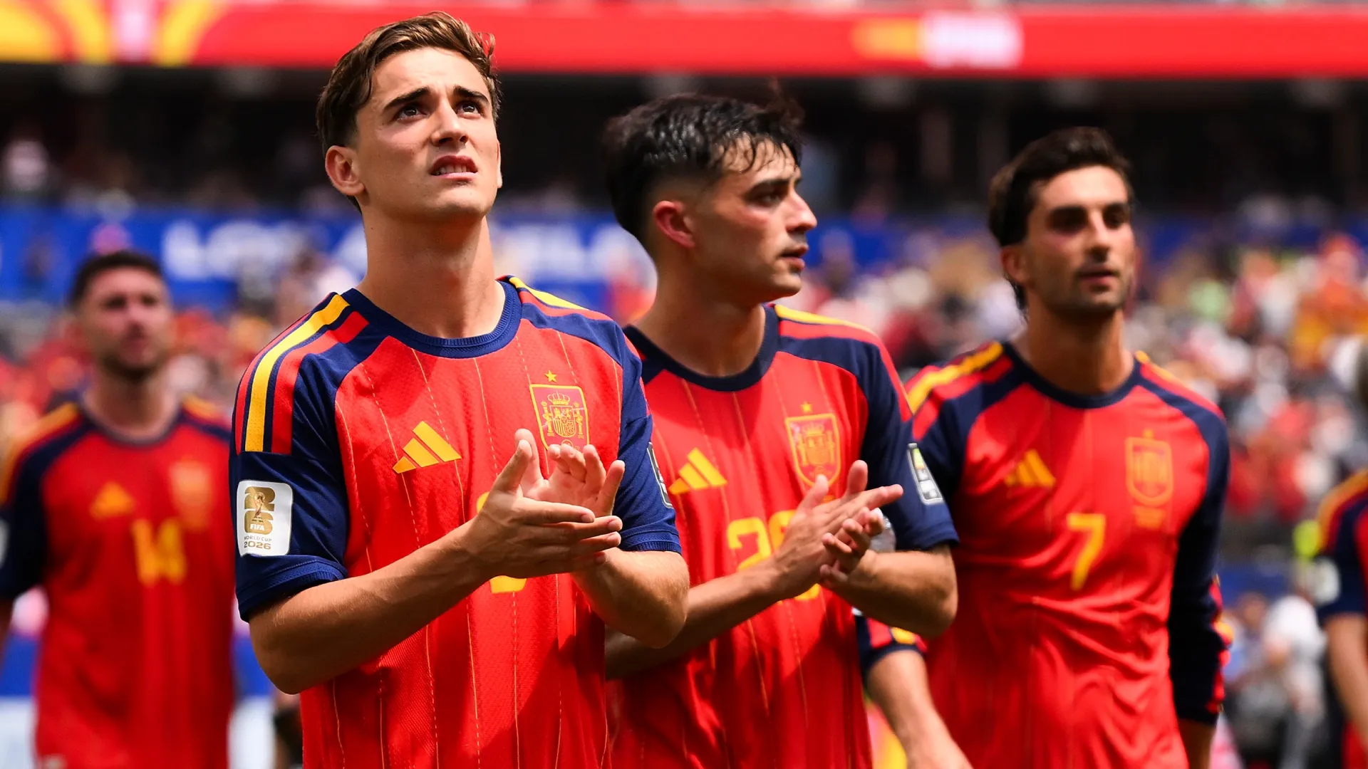 Gavi, Pedri and Ferran Torres of Spain celebrating.