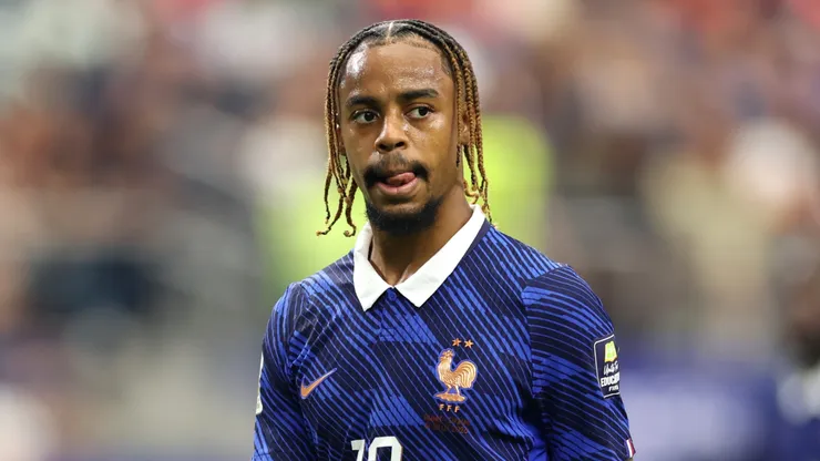 Bradley Barcola #12 of France looks on during the FIFA World Cup 2026 Semi Final match.