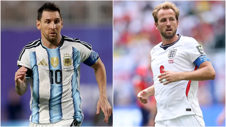 Lionel Messi of Argentina (L) and Harry Kane of England (R)