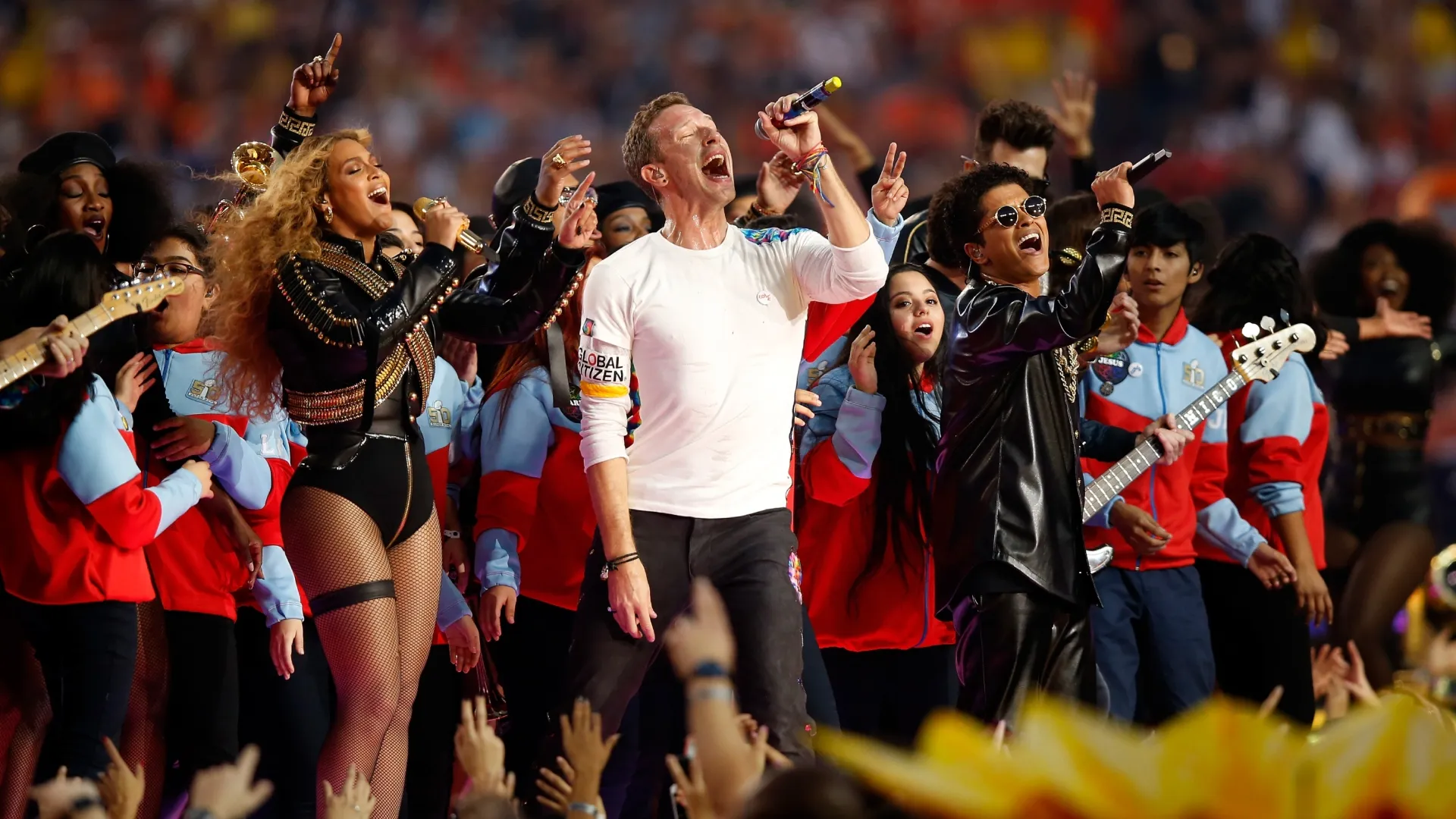 Beyonce, Chris Martin of Coldplay and Bruno Mars during the Pepsi Super Bowl 50 Halftime Show (Source: Ezra Shaw/Getty Images)