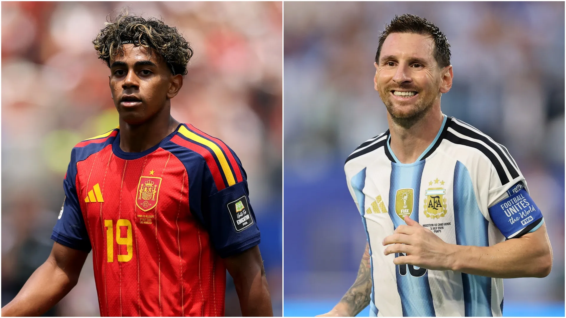 Lamine Yamal (left) and Lionel Messi.