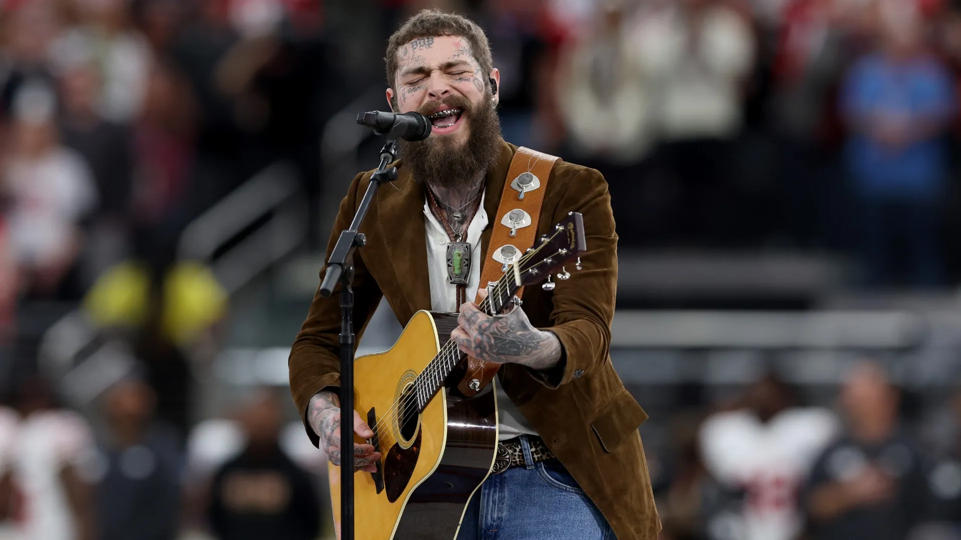 Post Malone performs prior to Super Bowl LVIII (Source: Jamie Squire/Getty Images)
