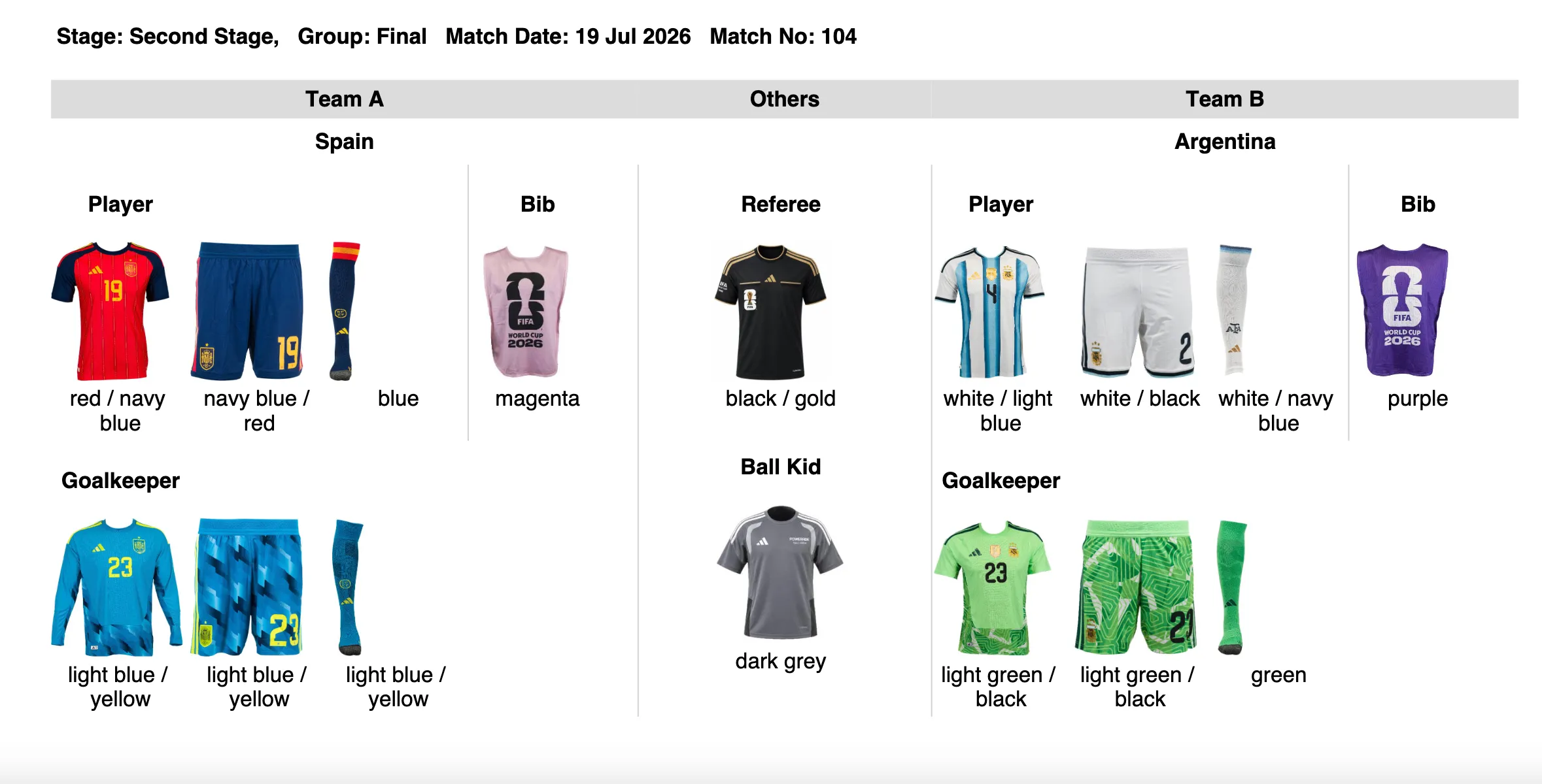 Uniforms for Argentina vs Spain at the 2026 World Cup