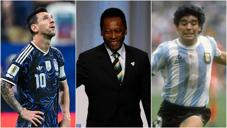 Lionel Messi (L) Pele (C) Diego Maradona (R).