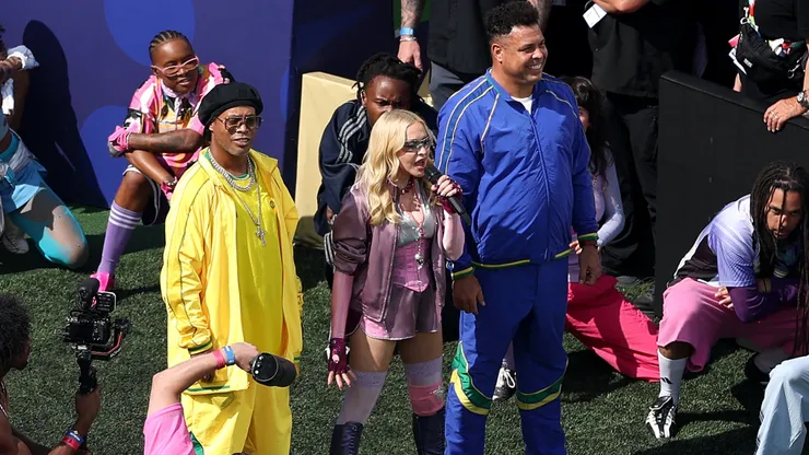 Ronaldinho, Madonna and Ronaldo perform during the Topps Final Halftime Show in the FIFA World Cup 2026 Final match