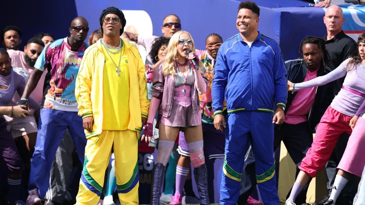 Ronaldinho, Madonna and Ronaldo perform during the Topps Final Halftime Show in the FIFA World Cup 2026 Final match