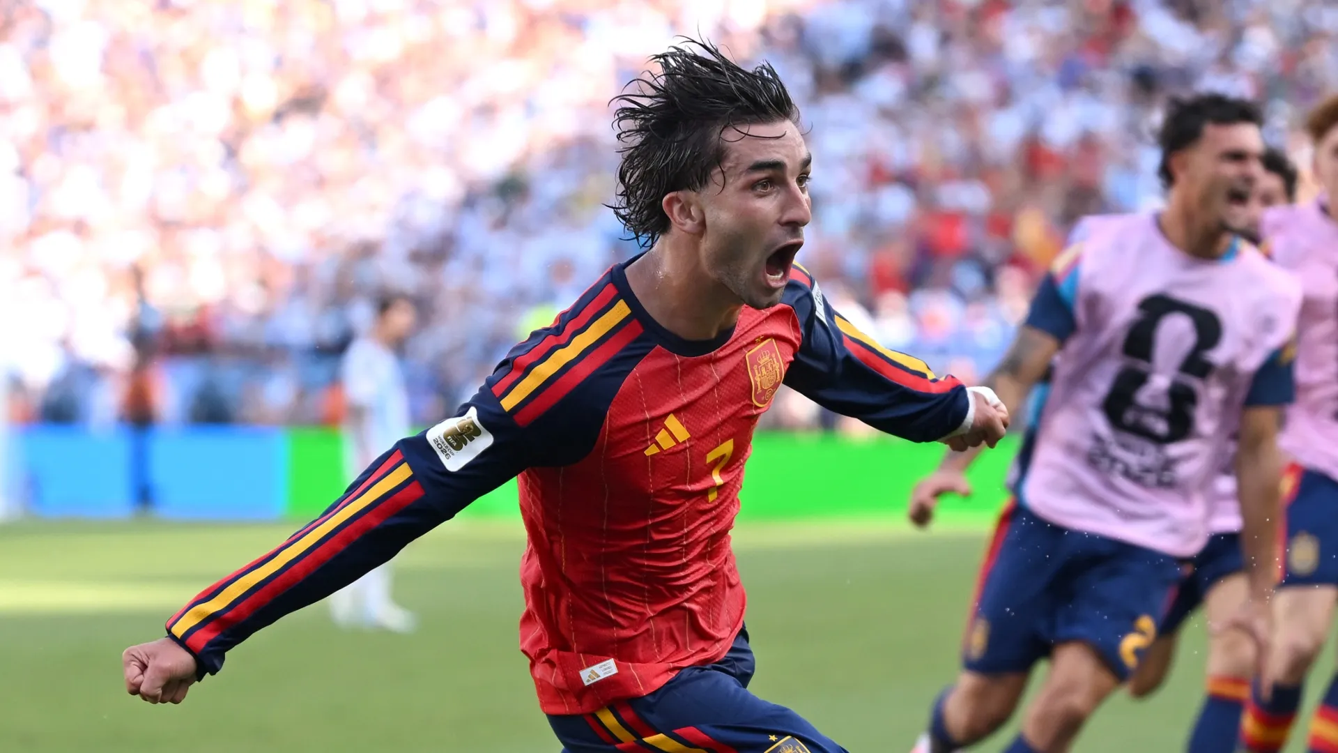 Ferran Torres celebrates his goal for Spain in the 2026 World Cup final.