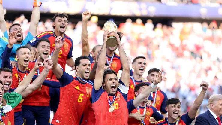 Rodri lifts the FIFA World Cup trophy for Spain in 2026.