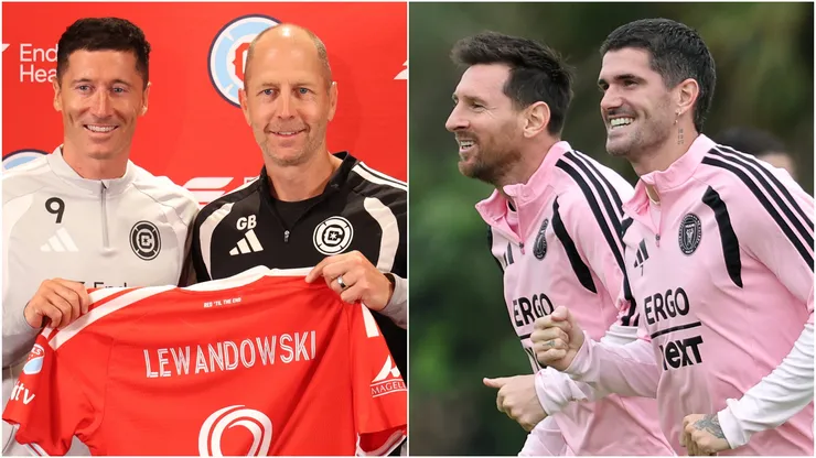 Robert Lewandowski and Gregg Berhalter (left), Lionel Messi and Rodrigo De Paul (right).
