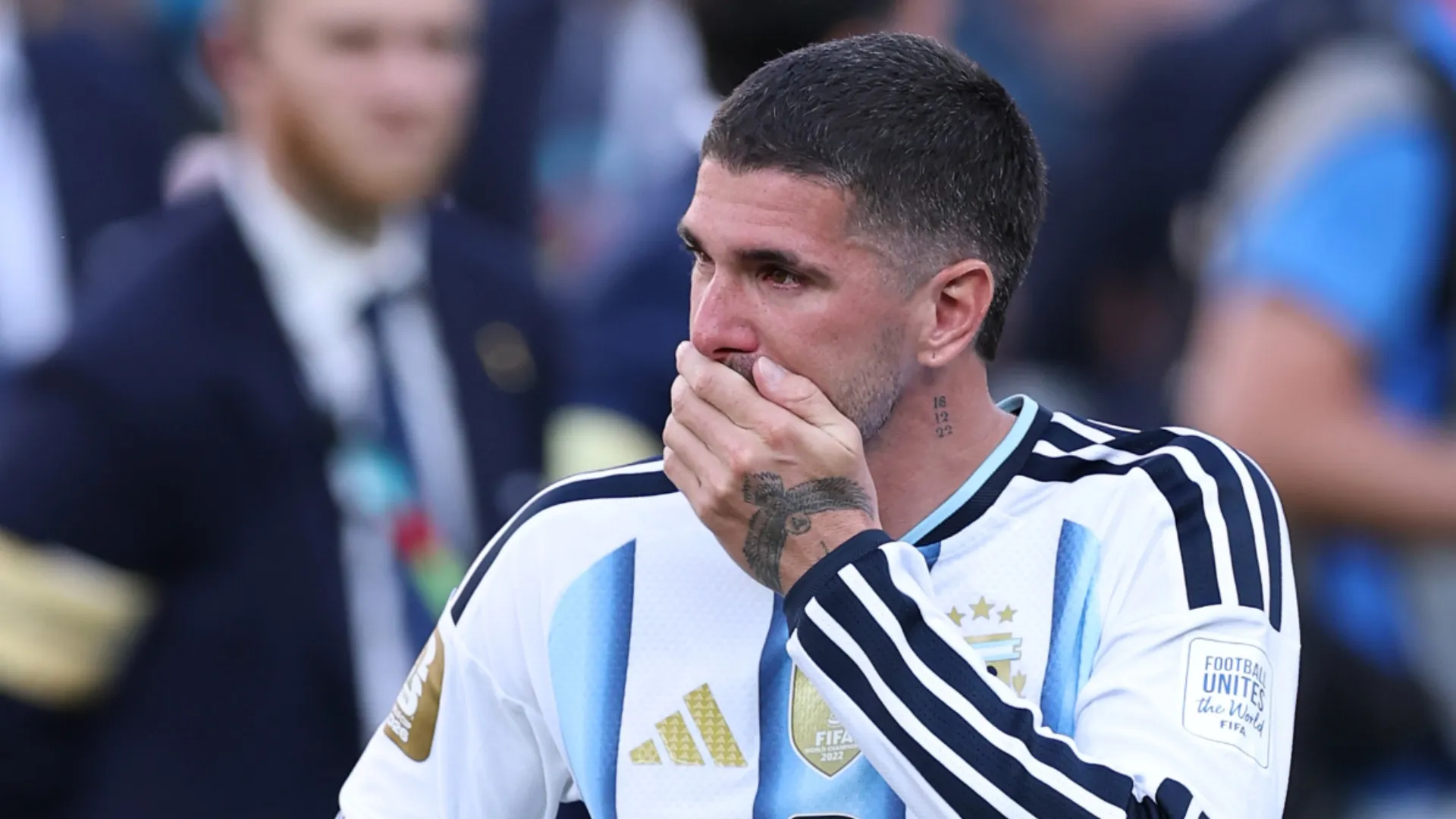 Rodrigo de Paul #7 of Argentina reacts after the 0-1 loss during the FIFA World Cup 2026 Final match between Spain and Argentina at New York New Jersey Stadium on July 19, 2026 in East Rutherford, New Jersey.