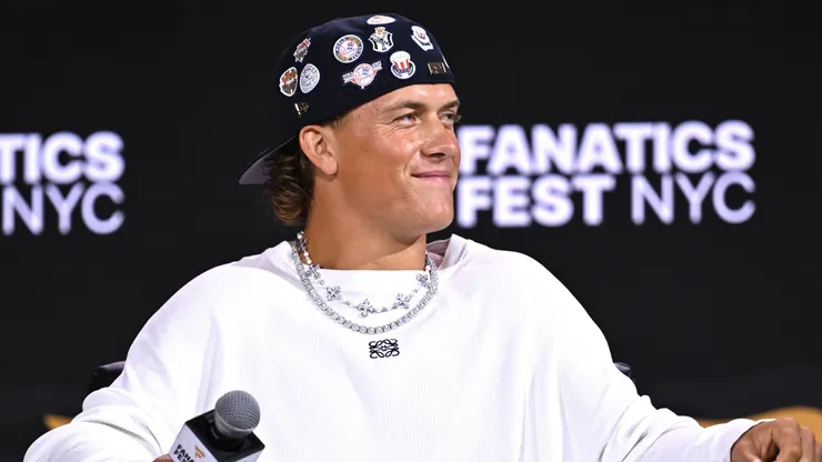 Jaxson Dart speaks onstage during the fantasy footballers panel at Fanatics Fest NYC 2026.