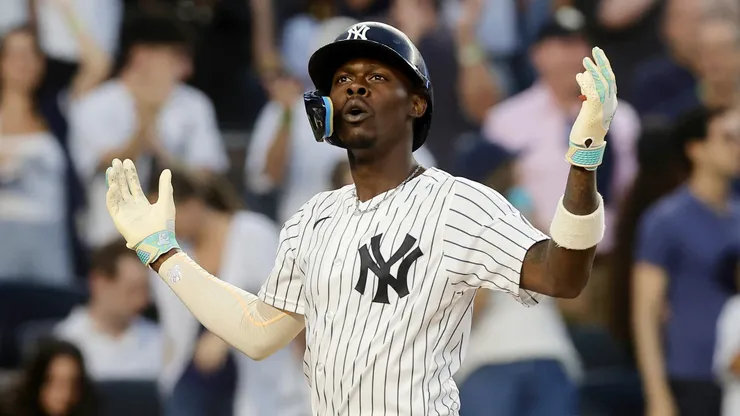 Jazz Chisholm Jr. #13 of the New York Yankees reacts as he runs the bases.