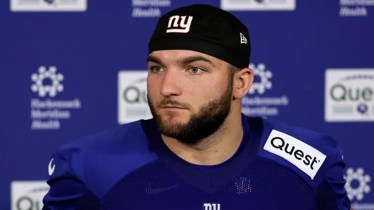 Cam Skattebo #44 of the New York Giants speaks with the media.