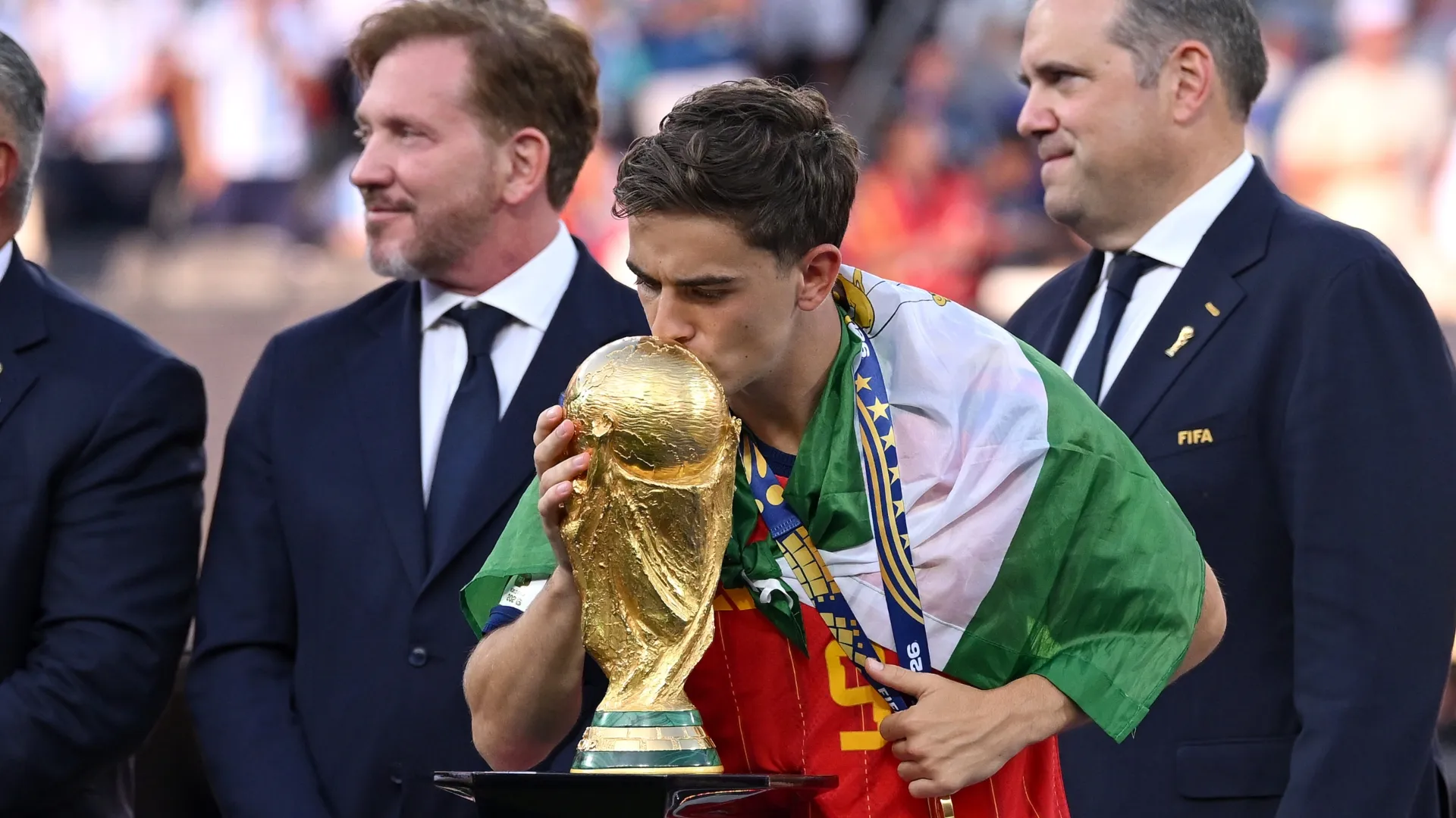 Gavi kisses the FIFA World Cup.