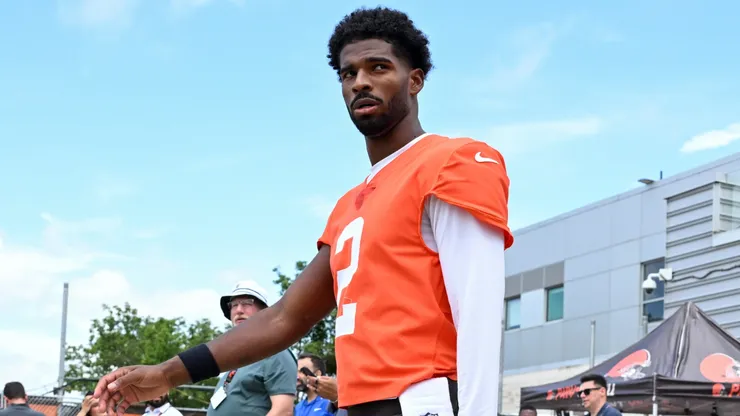 Shedeur Sanders #2 of the Cleveland Browns walks to the field during the Cleveland Browns Mandatory Minicamp.