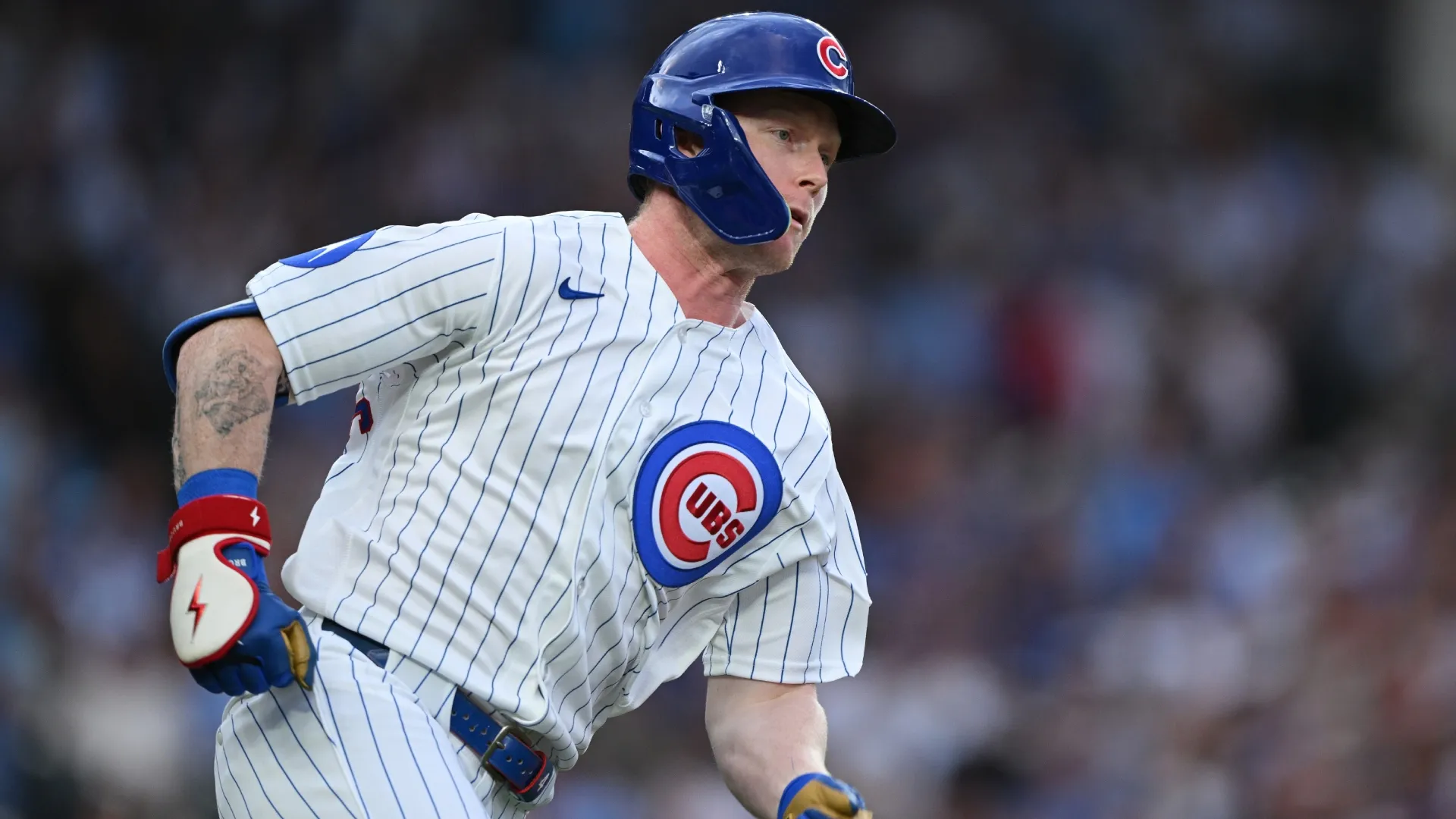 Pete Crow-Armstrong #4 of the Cubs runs out his triple against the Tigers. Daniel Bartel/Getty Images