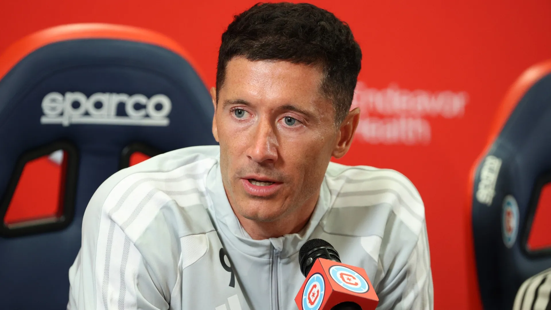 Robert Lewandowski speaking to the media