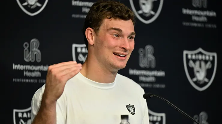 Fernando Mendoza #15 of the Las Vegas Raiders attends a news conference.