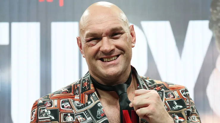 Tyson Fury speaks to the media during a press conference.